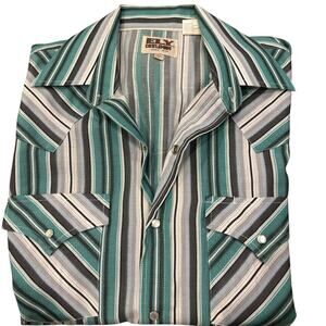 Ely Cattleman Teal Green Light & Dark Gray Striped S/S Pearl Snap Shirt Medium